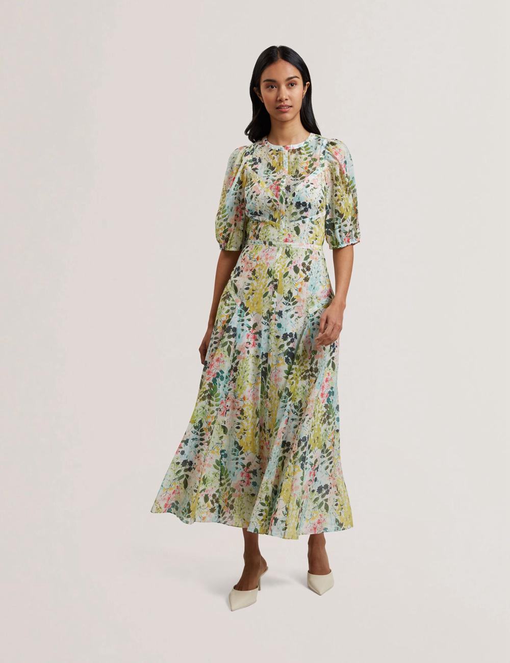 Ted Baker KANDEA - Floral Puff Sleeve A-Line Midi-jurk Dames Ivory | SDEU-64071