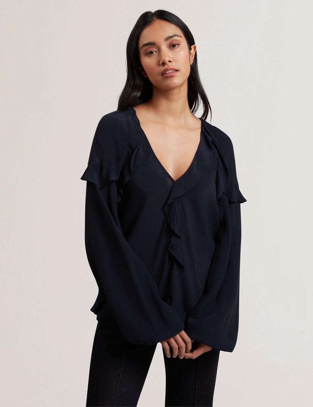 Ted Baker KAYFA - Waterfall Ruffle Trim Long Sleeve Blouse Dames Donkerblauw | BMLZ-73560
