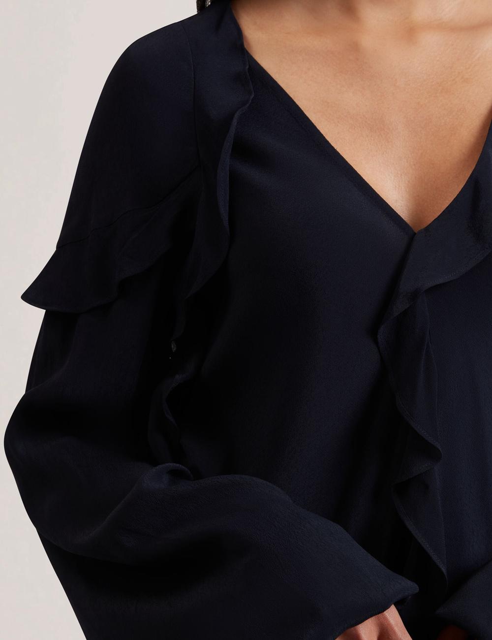Ted Baker KAYFA - Waterfall Ruffle Trim Long Sleeve Blouse Dames Donkerblauw | BMLZ-73560