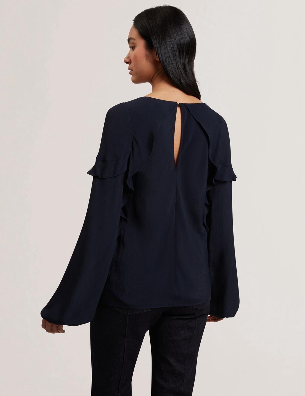 Ted Baker KAYFA - Waterfall Ruffle Trim Long Sleeve Blouse Dames Donkerblauw | BMLZ-73560