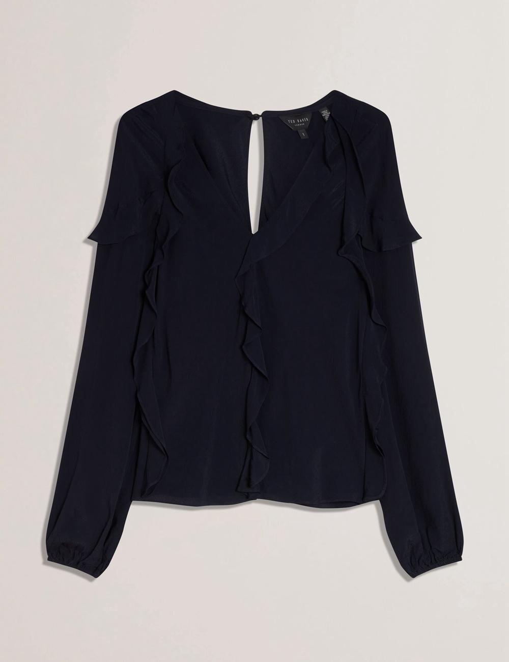 Ted Baker KAYFA - Waterfall Ruffle Trim Long Sleeve Blouse Dames Donkerblauw | BMLZ-73560