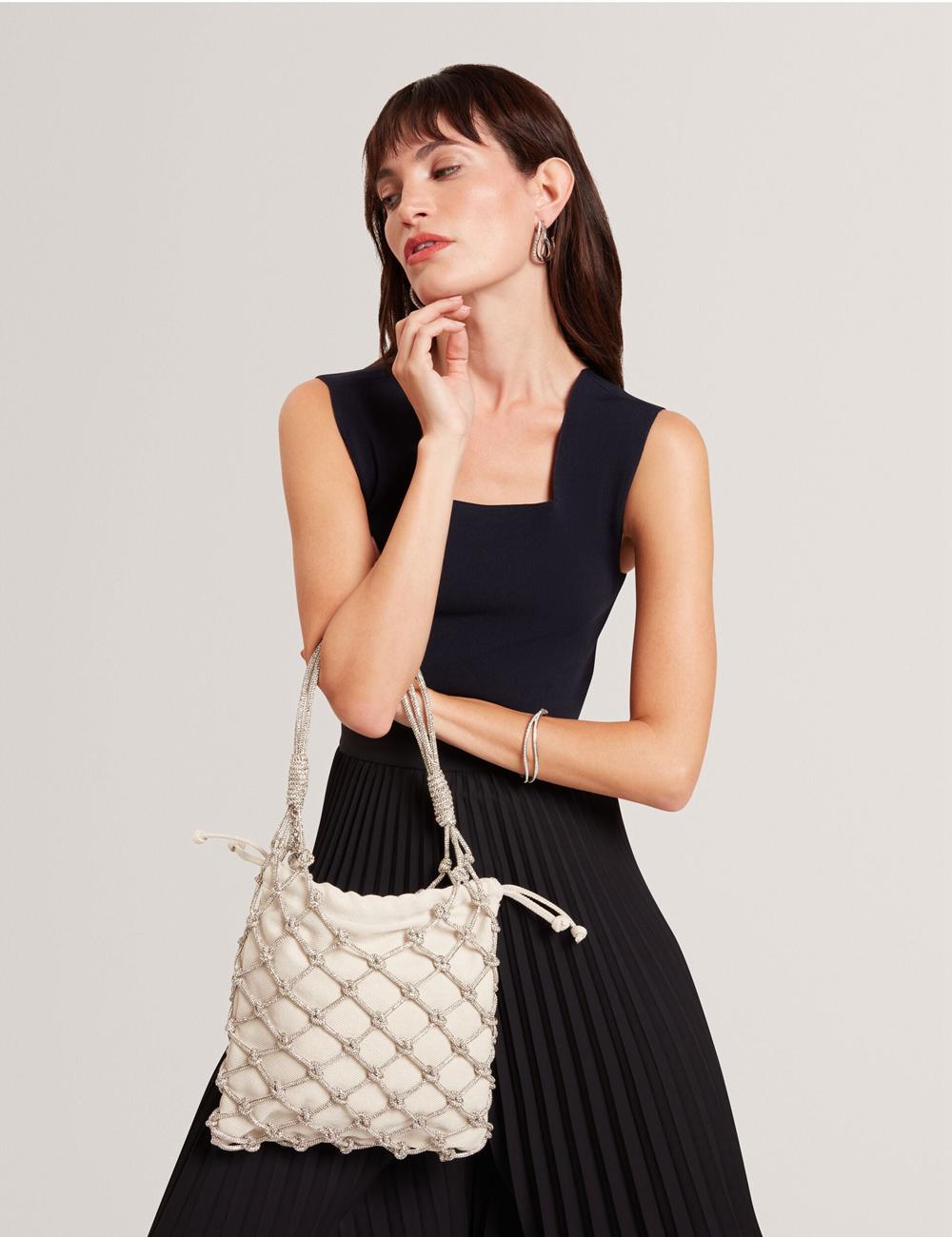 Ted Baker KYLISA - Crystal Cage Top Handle Canvas Buckettas Dames Zilver | VTWZ-05962