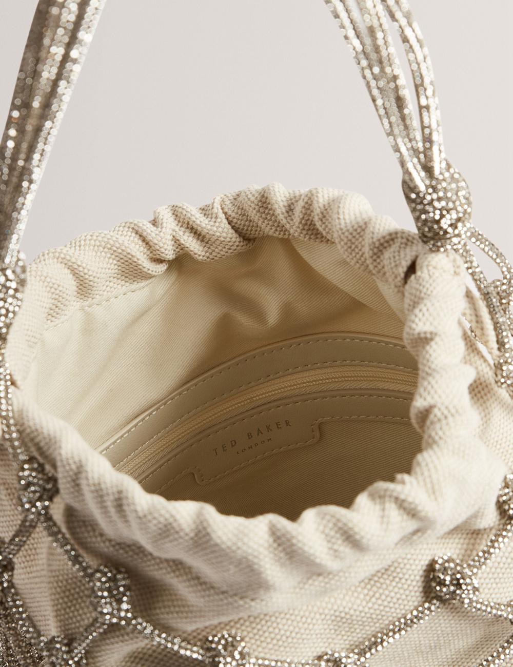 Ted Baker KYLISA - Crystal Cage Top Handle Canvas Buckettas Dames Zilver | VTWZ-05962
