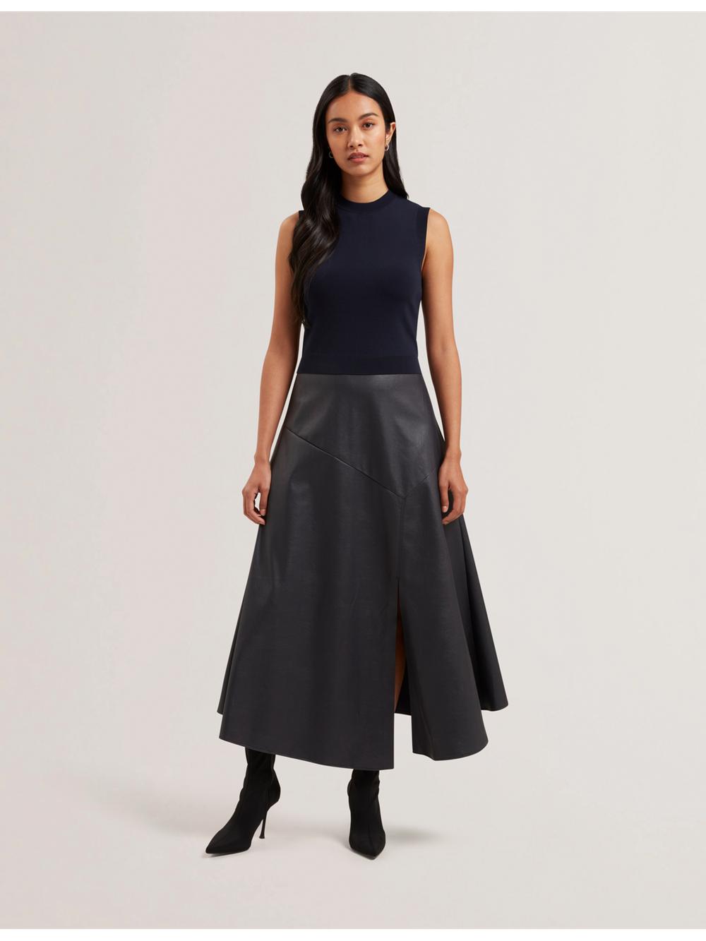Ted Baker LABASA - Sleeveless Knit Faux Leather Midi-jurk Dames Donkerblauw | LKXA-90156