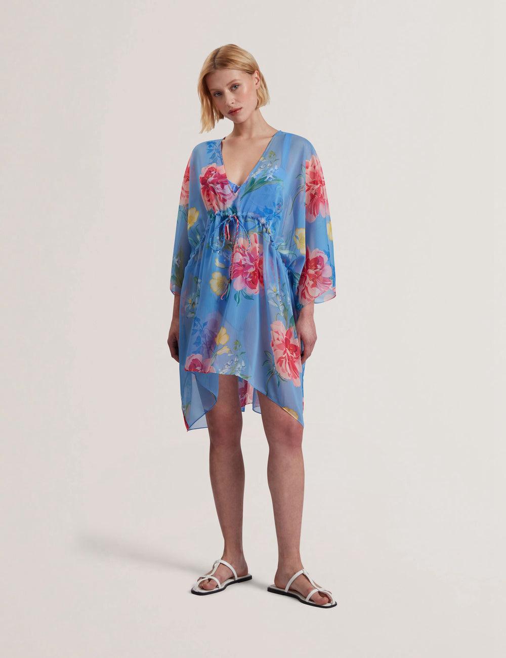 Ted Baker LARJA - Floral Print Chiffon Mini Beach Kaftan Cover-ups Dames Blauw | OPIH-32615