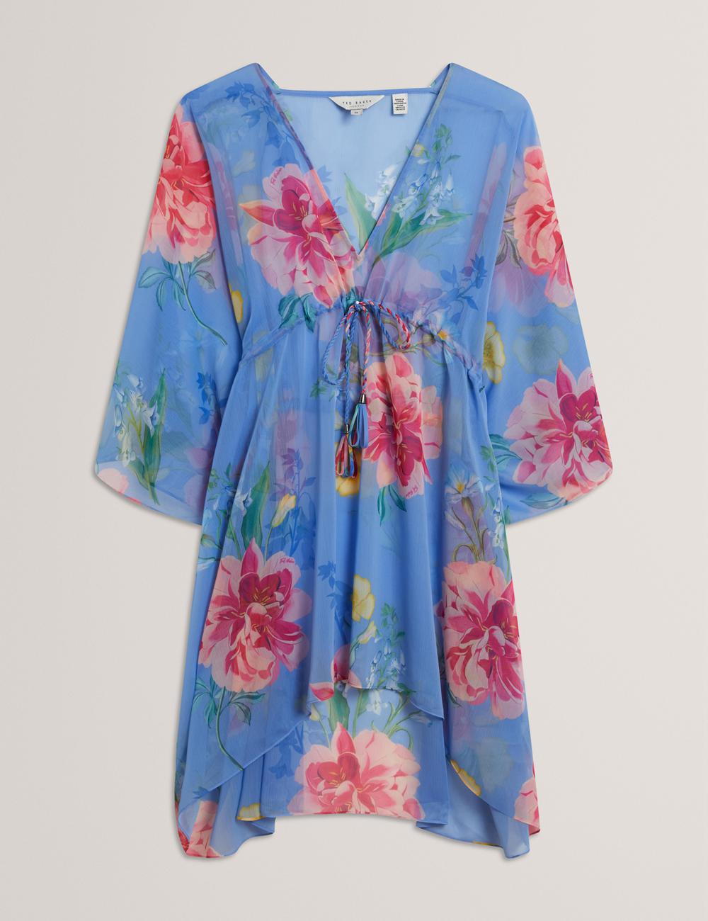 Ted Baker LARJA - Floral Print Chiffon Mini Beach Kaftan Cover-ups Dames Blauw | OPIH-32615