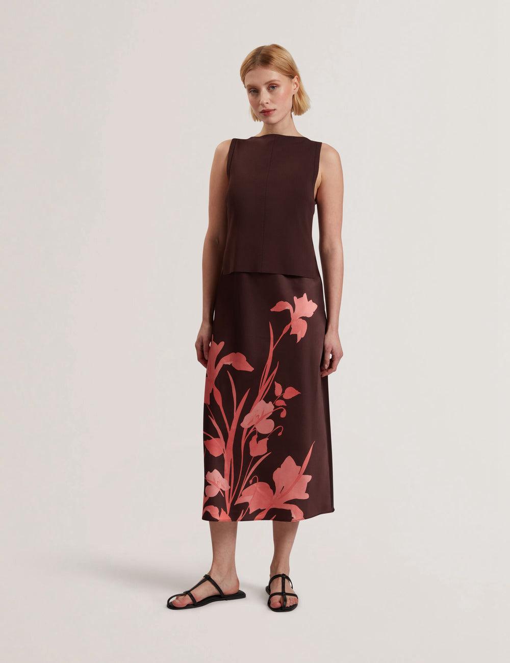 Ted Baker LATTENA - Printed Satin With Removable Tank Midi-jurk Dames Bruin | RNDG-79543
