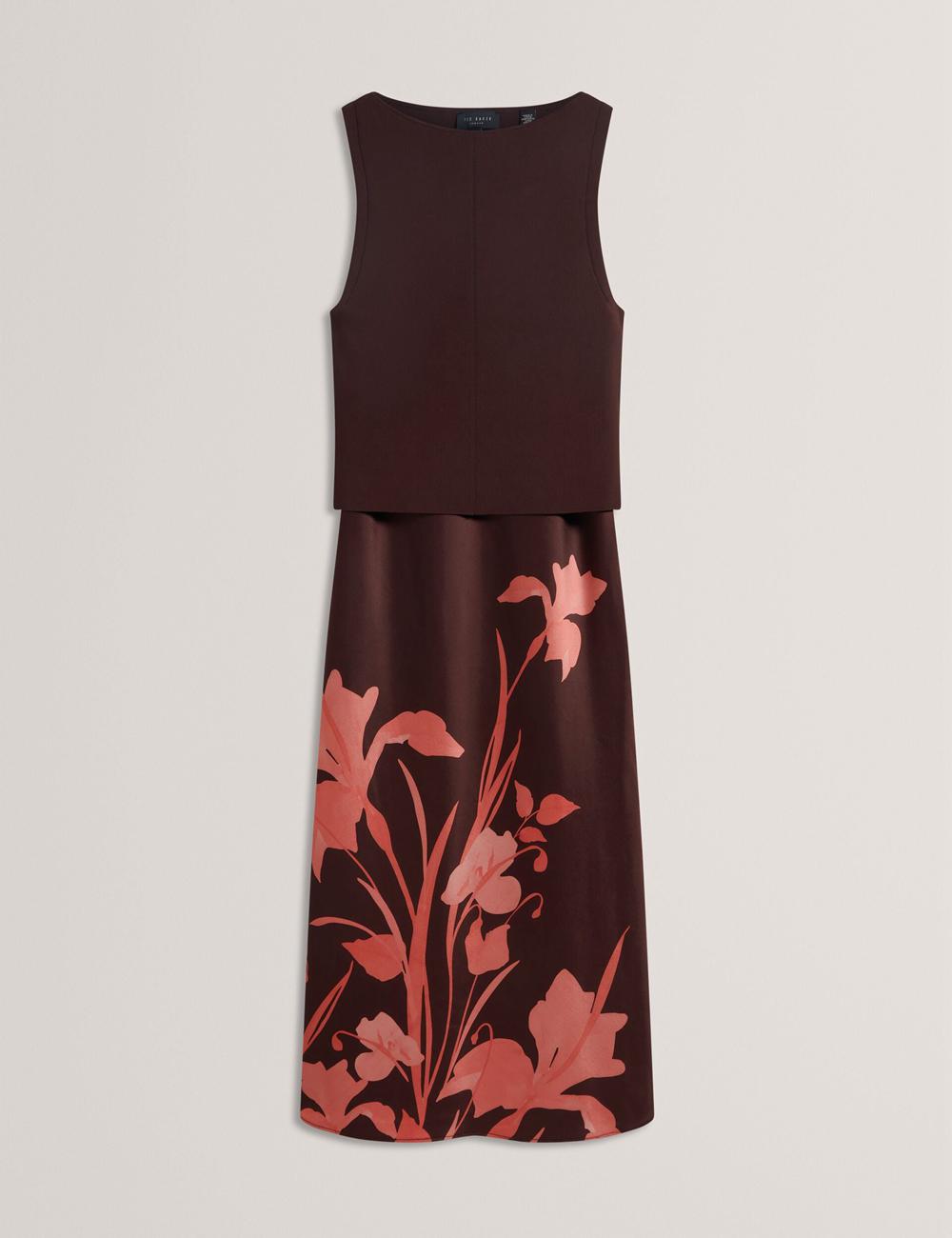 Ted Baker LATTENA - Printed Satin With Removable Tank Midi-jurk Dames Bruin | RNDG-79543