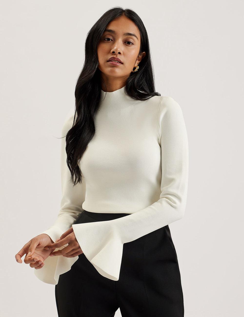 Ted Baker LAYNHA - Flared Sleeve High Neck Knitted Top Jumpers Dames Ivory | CIJT-63150