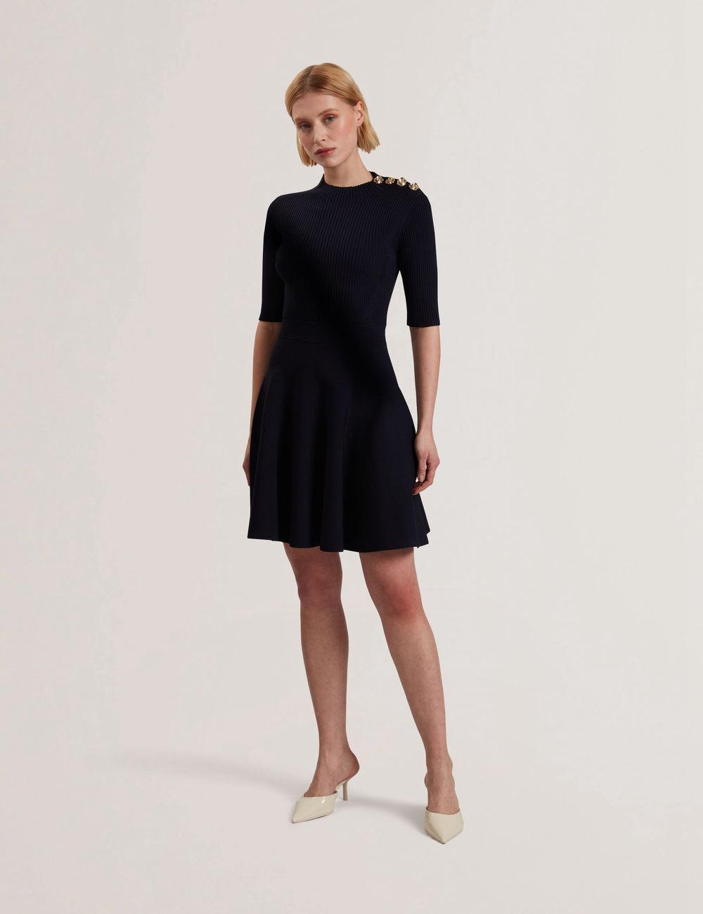 Ted Baker LILANO - Ribbed Knit Skater With Rose Buttons Mini-jurk Dames Donkerblauw | FLBC-54908
