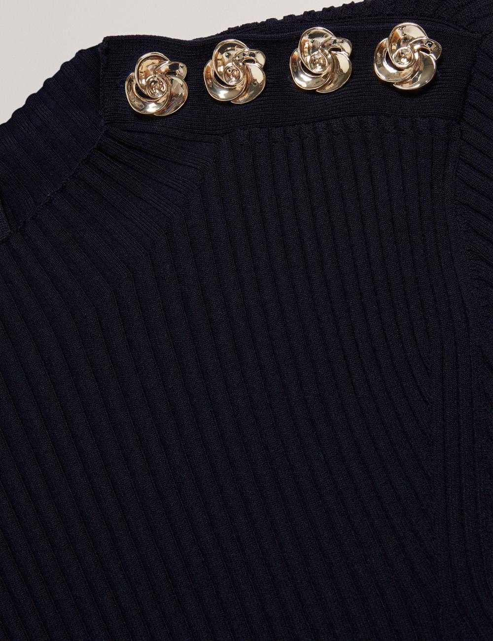 Ted Baker LILANO - Ribbed Knit Skater With Rose Buttons Mini-jurk Dames Donkerblauw | FLBC-54908