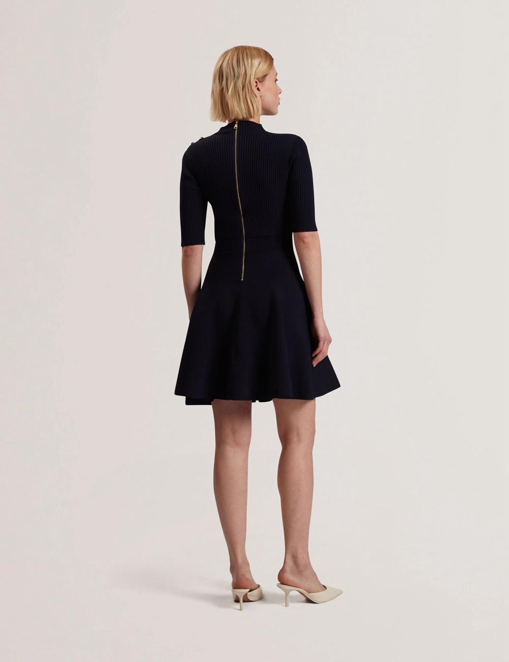 Ted Baker LILANO - Ribbed Knit Skater With Rose Buttons Mini-jurk Dames Donkerblauw | FLBC-54908