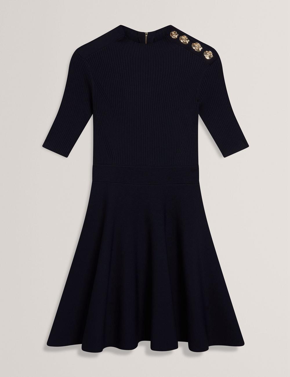 Ted Baker LILANO - Ribbed Knit Skater With Rose Buttons Mini-jurk Dames Donkerblauw | FLBC-54908
