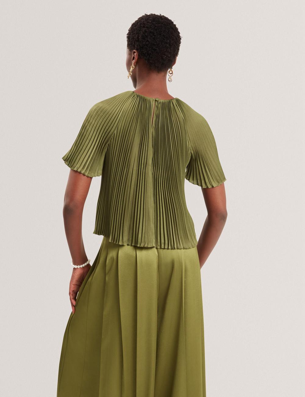 Ted Baker LIONAA - Floral Graphic Pleated Satin Short Sleeve Blouse Dames Groen | RKFU-63084