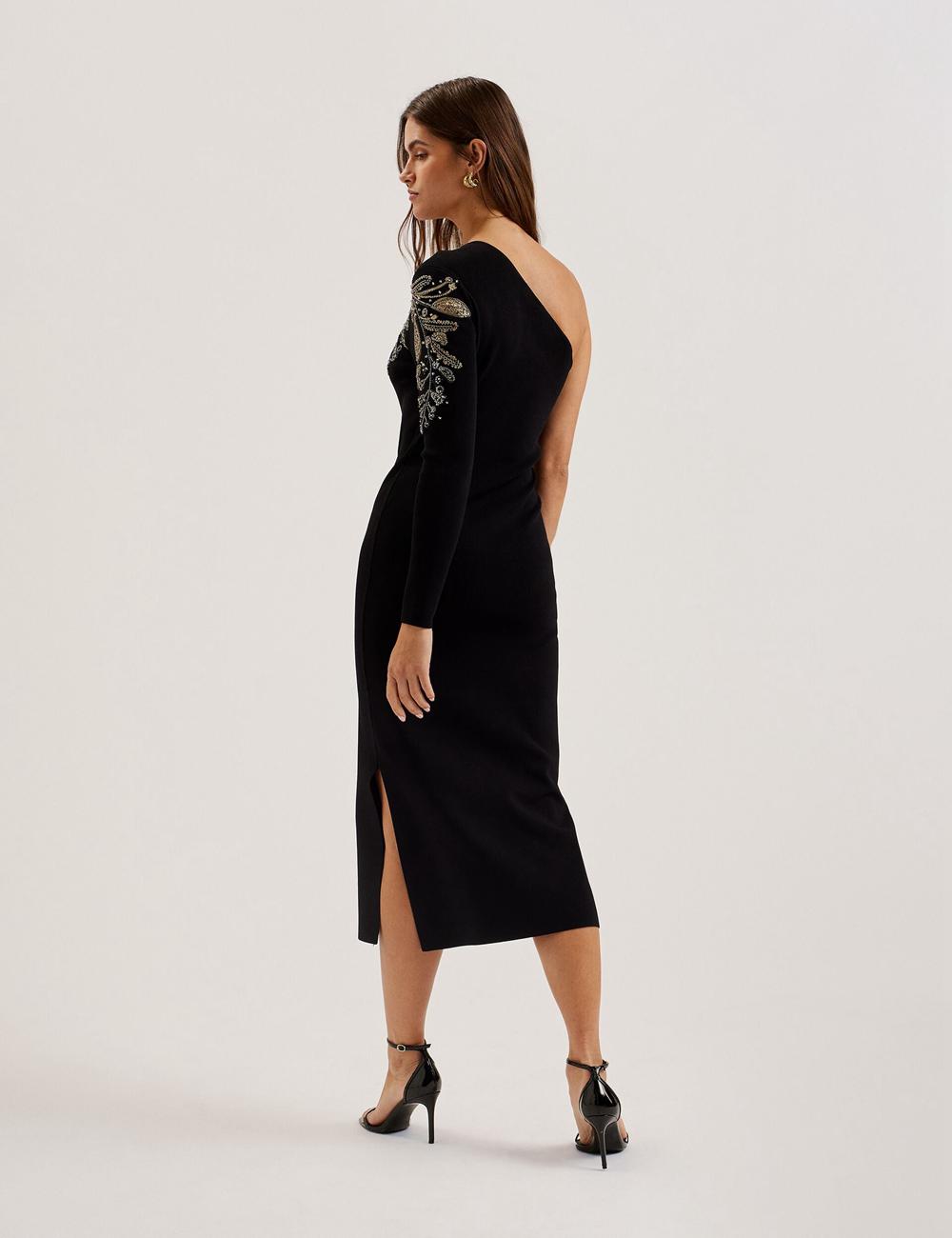 Ted Baker LIZYYY - One Shoulder Embellished Knit Midi-jurk Dames Zwart | NXKJ-37246