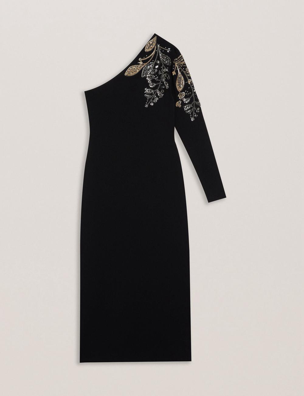 Ted Baker LIZYYY - One Shoulder Embellished Knit Midi-jurk Dames Zwart | NXKJ-37246