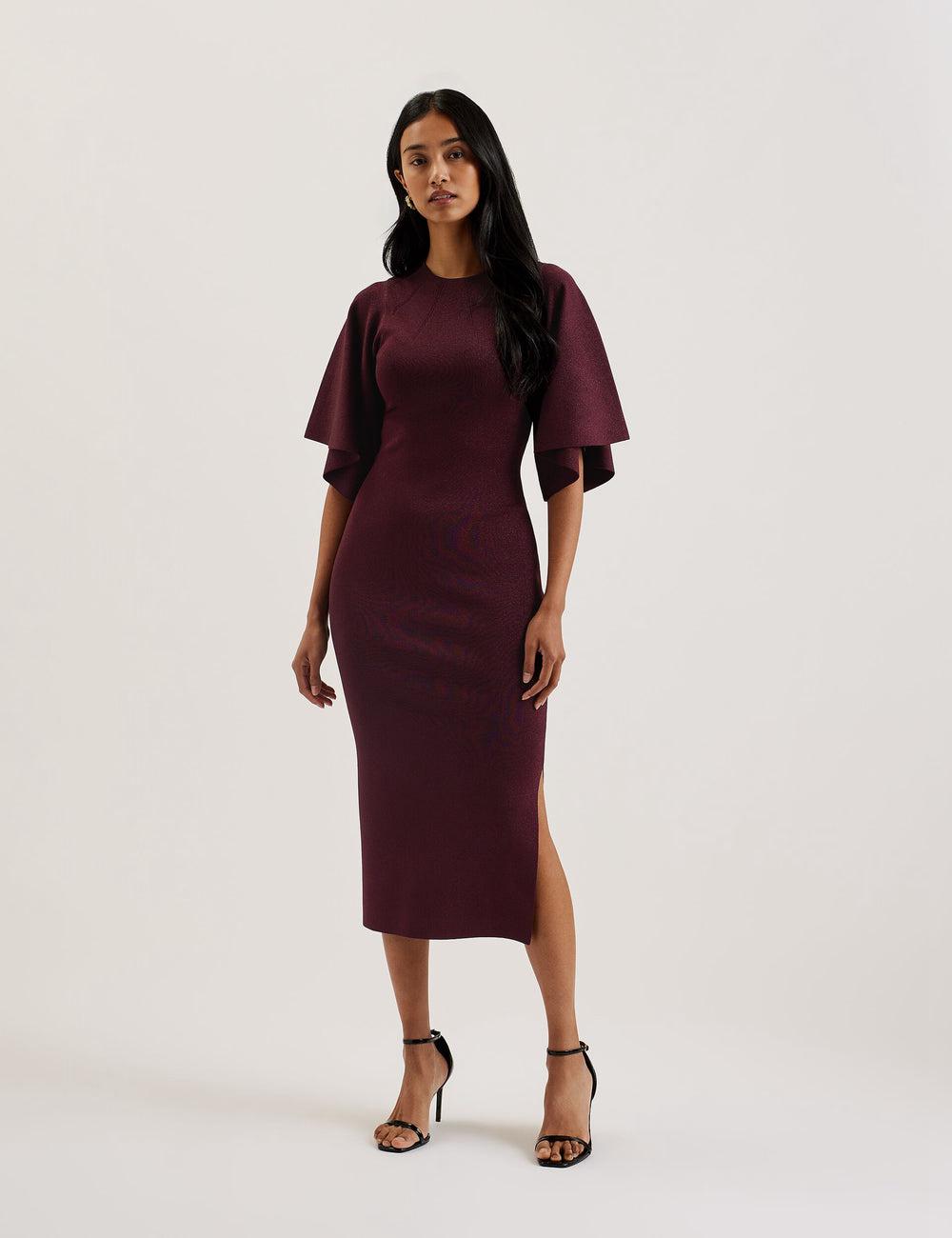 Ted Baker LOUANAA - Metallic Knit Fluted Sleeve Midi-jurk Dames Rood | MNJZ-23687