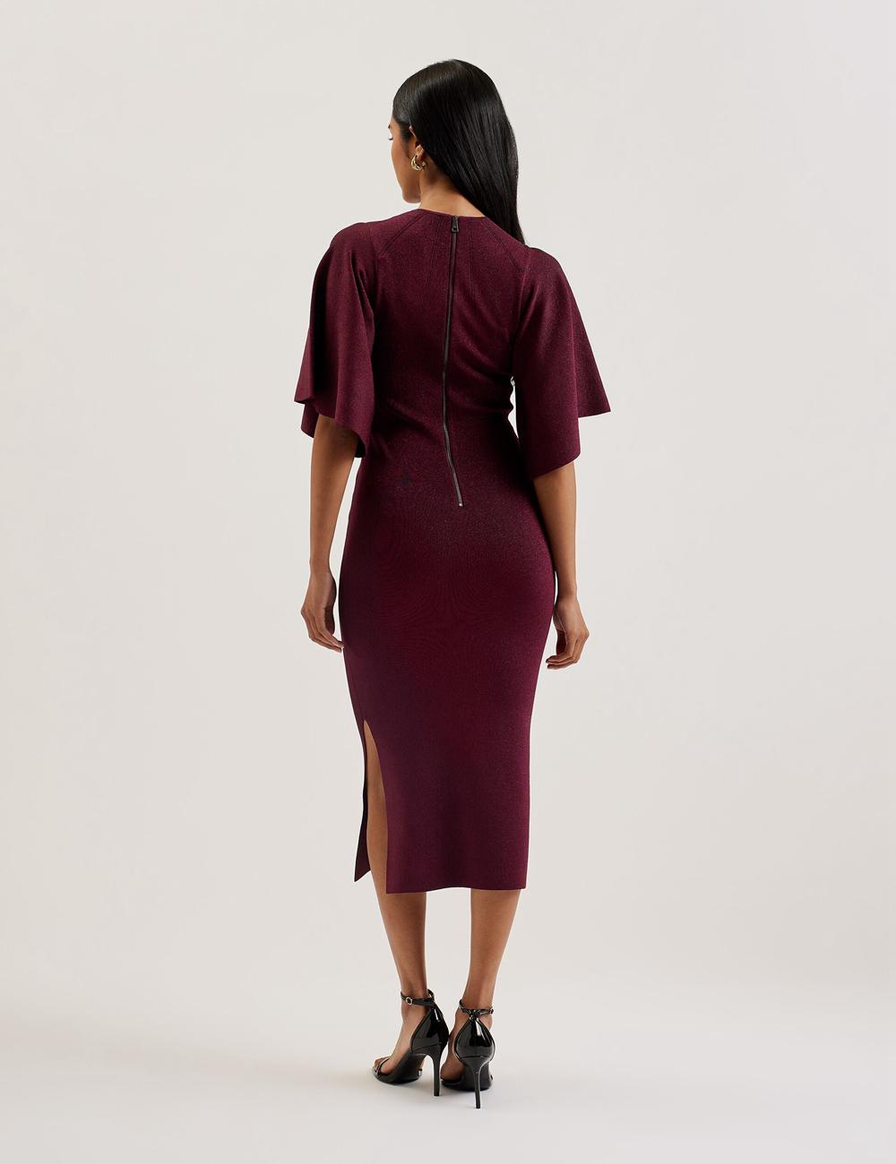 Ted Baker LOUANAA - Metallic Knit Fluted Sleeve Midi-jurk Dames Rood | MNJZ-23687