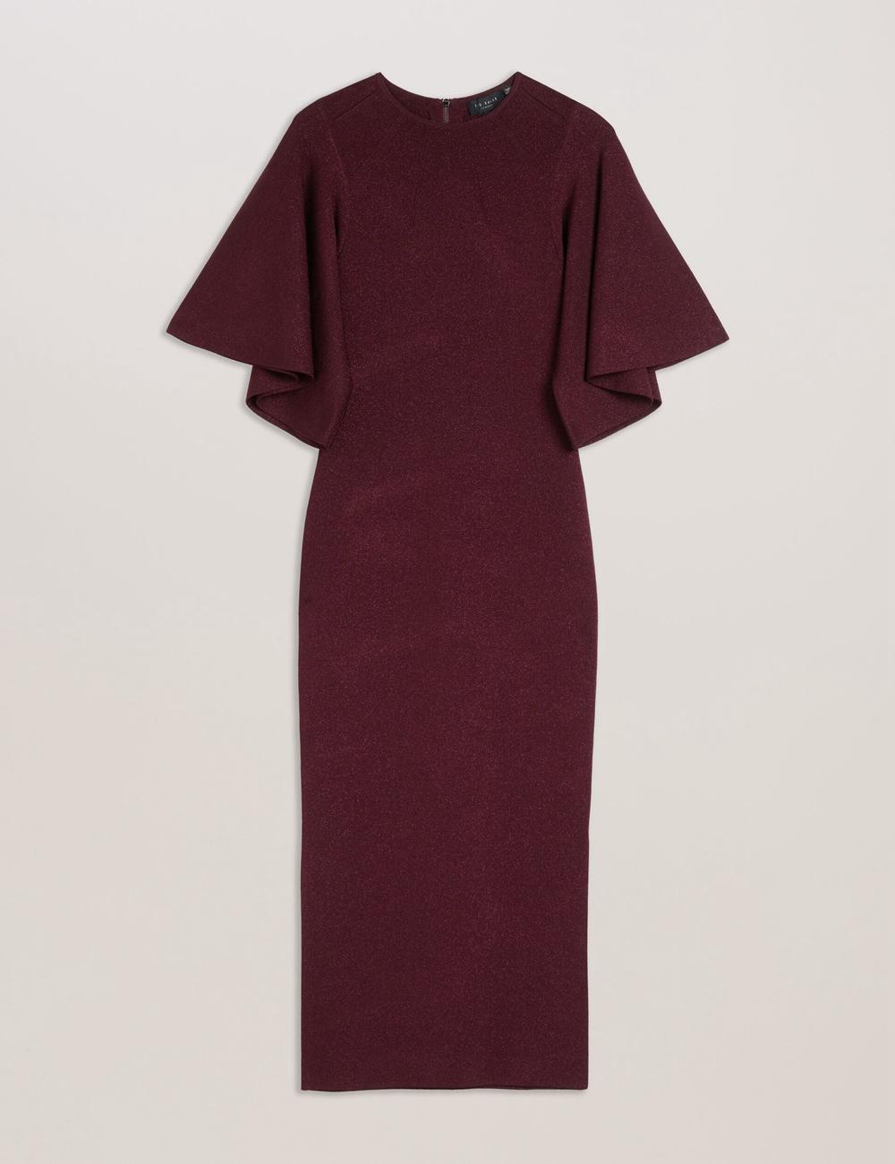 Ted Baker LOUANAA - Metallic Knit Fluted Sleeve Midi-jurk Dames Rood | MNJZ-23687