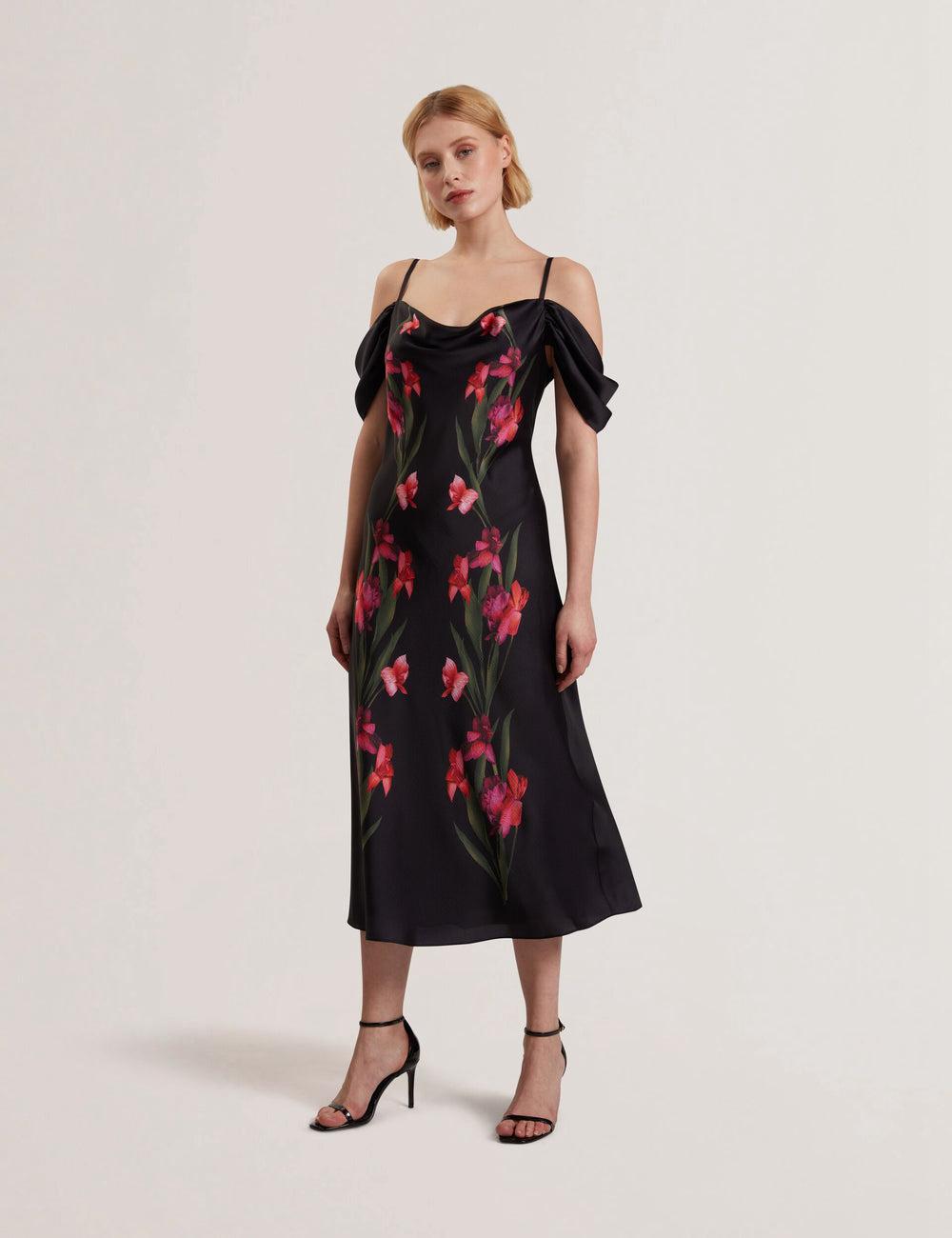 Ted Baker LUCERN - Floral Satin Off Shoulder Bias Midi-jurk Dames Zwart | JCQI-54923