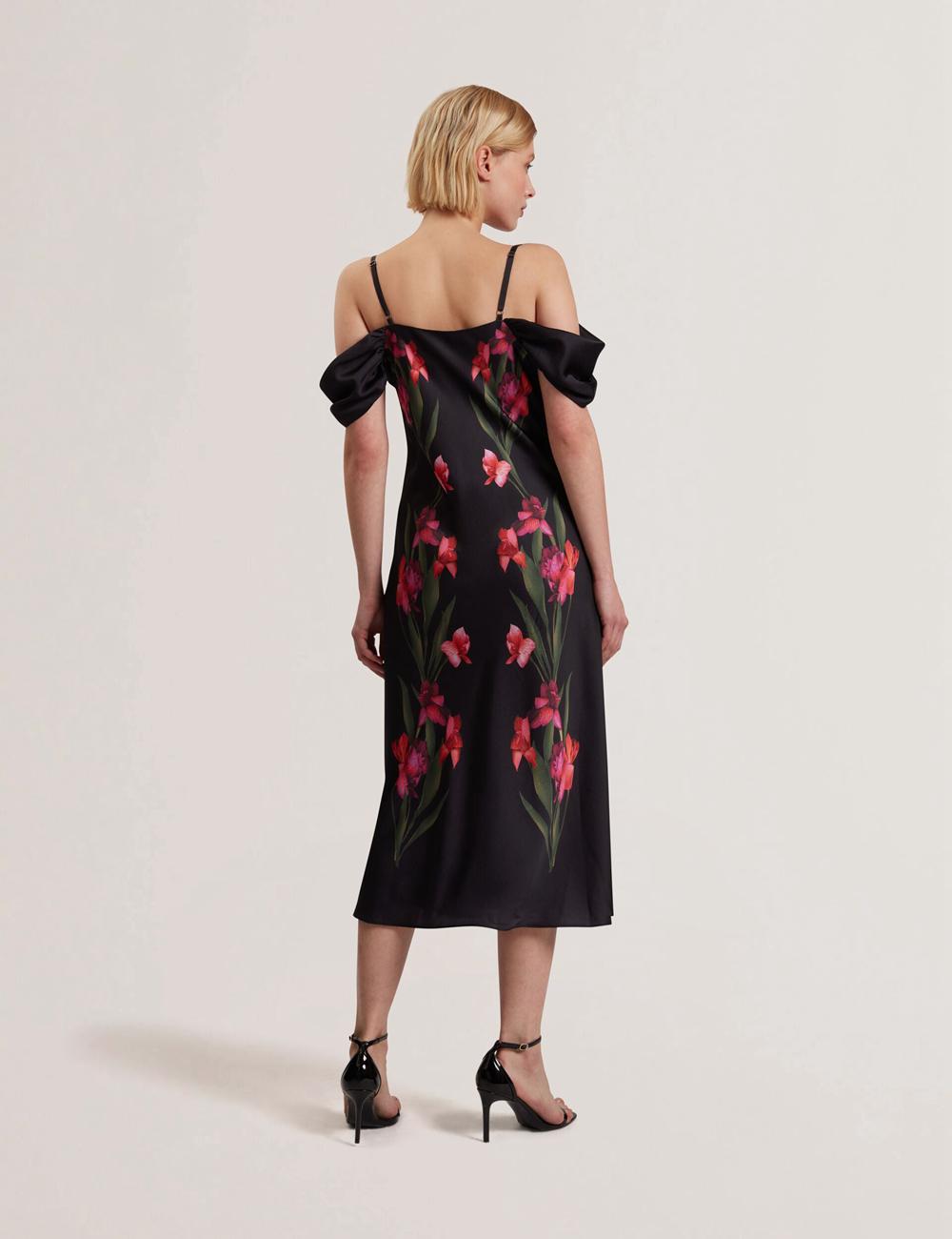 Ted Baker LUCERN - Floral Satin Off Shoulder Bias Midi-jurk Dames Zwart | JCQI-54923