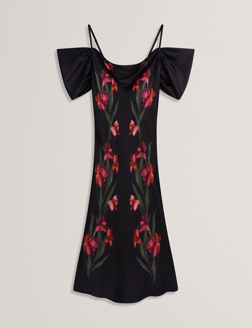 Ted Baker LUCERN - Floral Satin Off Shoulder Bias Midi-jurk Dames Zwart | JCQI-54923