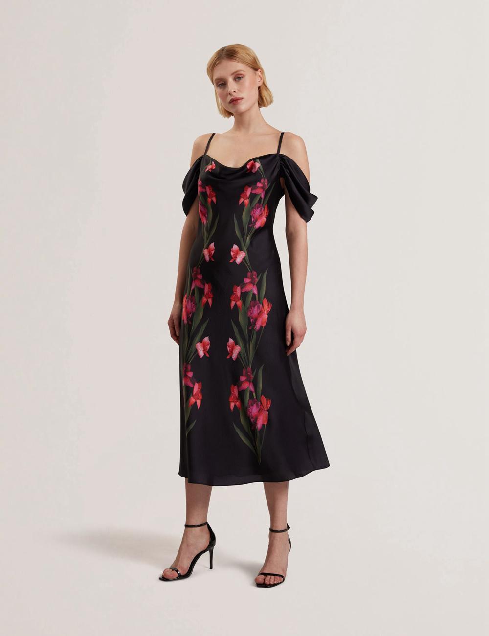 Ted Baker LUCERN - Floral Satin Off Shoulder Bias Midi-jurk Dames Zwart | JCQI-54923