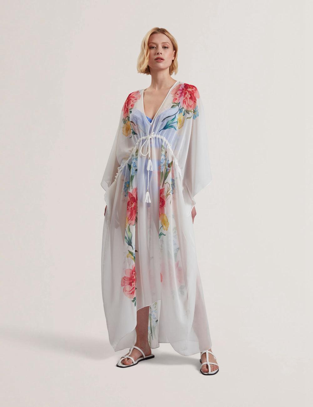 Ted Baker LUUSAA - Floral V-Neck Maxi Kaftan Beach Dress Cover-ups Dames Wit | FOPW-08514