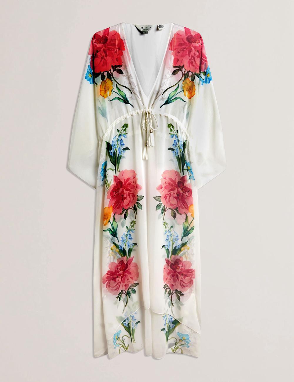 Ted Baker LUUSAA - Floral V-Neck Maxi Kaftan Beach Dress Cover-ups Dames Wit | FOPW-08514
