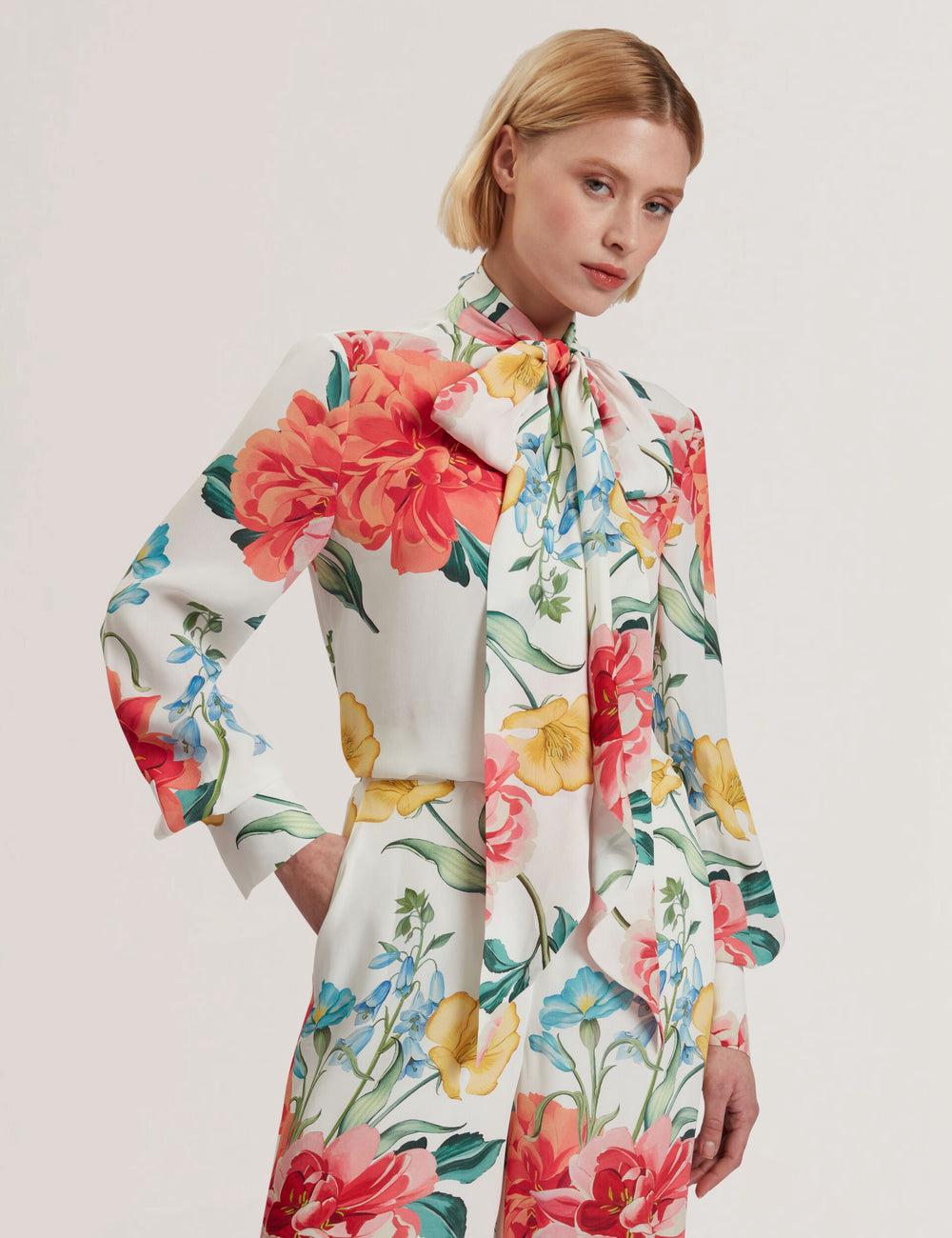 Ted Baker LUUSILE - Floral Print Neck Long Sleeve Blouse Dames Wit | QFJW-93871