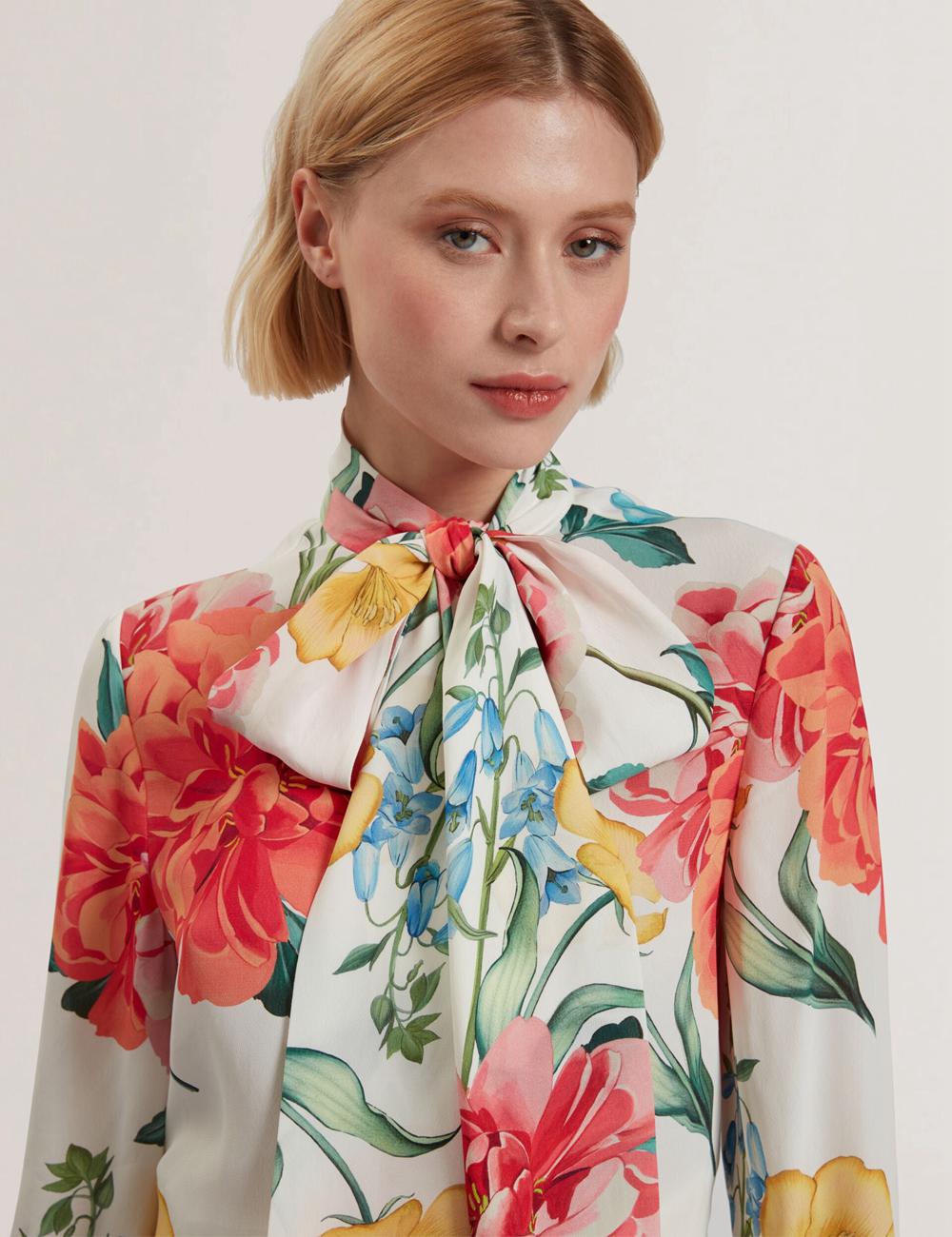 Ted Baker LUUSILE - Floral Print Neck Long Sleeve Blouse Dames Wit | QFJW-93871
