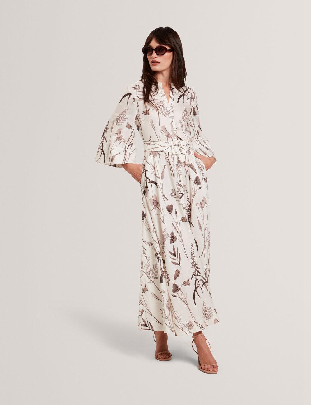 Ted Baker LUWISA - Floral Linen Silk Belted Midi Shirt Midi-jurk Dames Ivory | LNGE-25396
