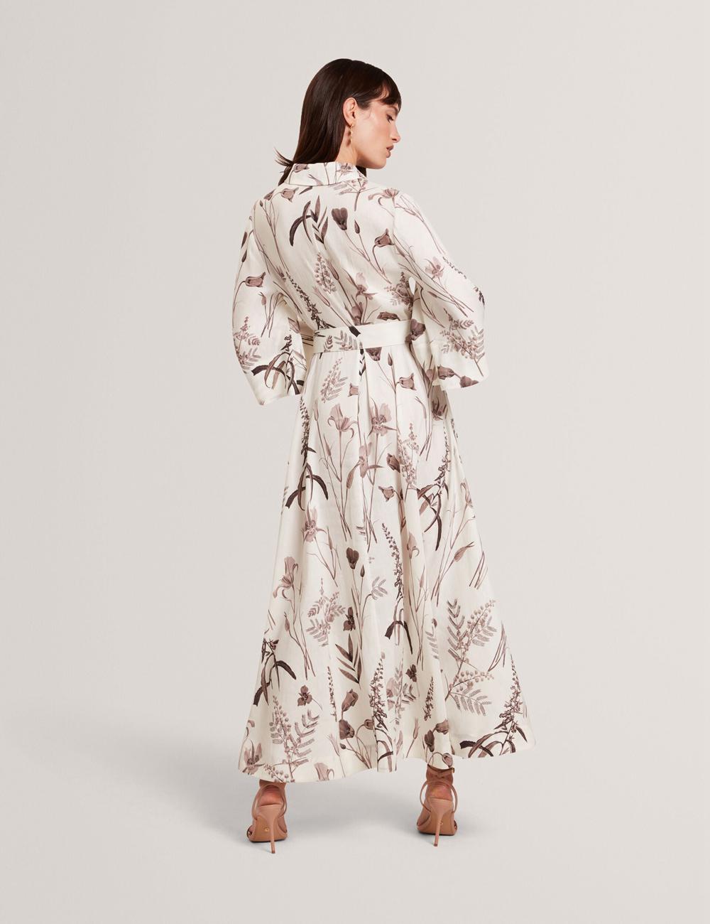 Ted Baker LUWISA - Floral Linen Silk Belted Midi Shirt Midi-jurk Dames Ivory | LNGE-25396