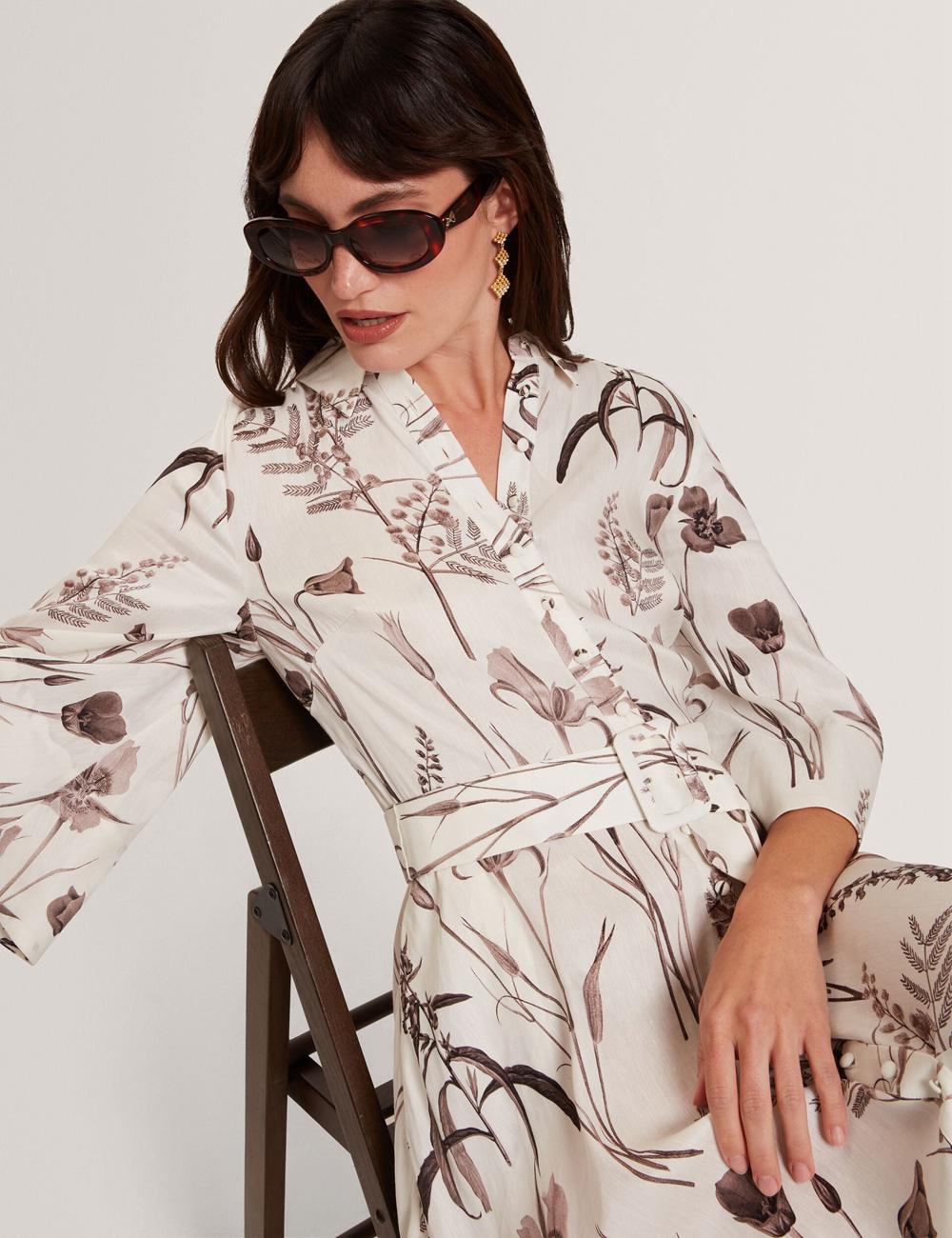 Ted Baker LUWISA - Floral Linen Silk Belted Midi Shirt Midi-jurk Dames Ivory | LNGE-25396
