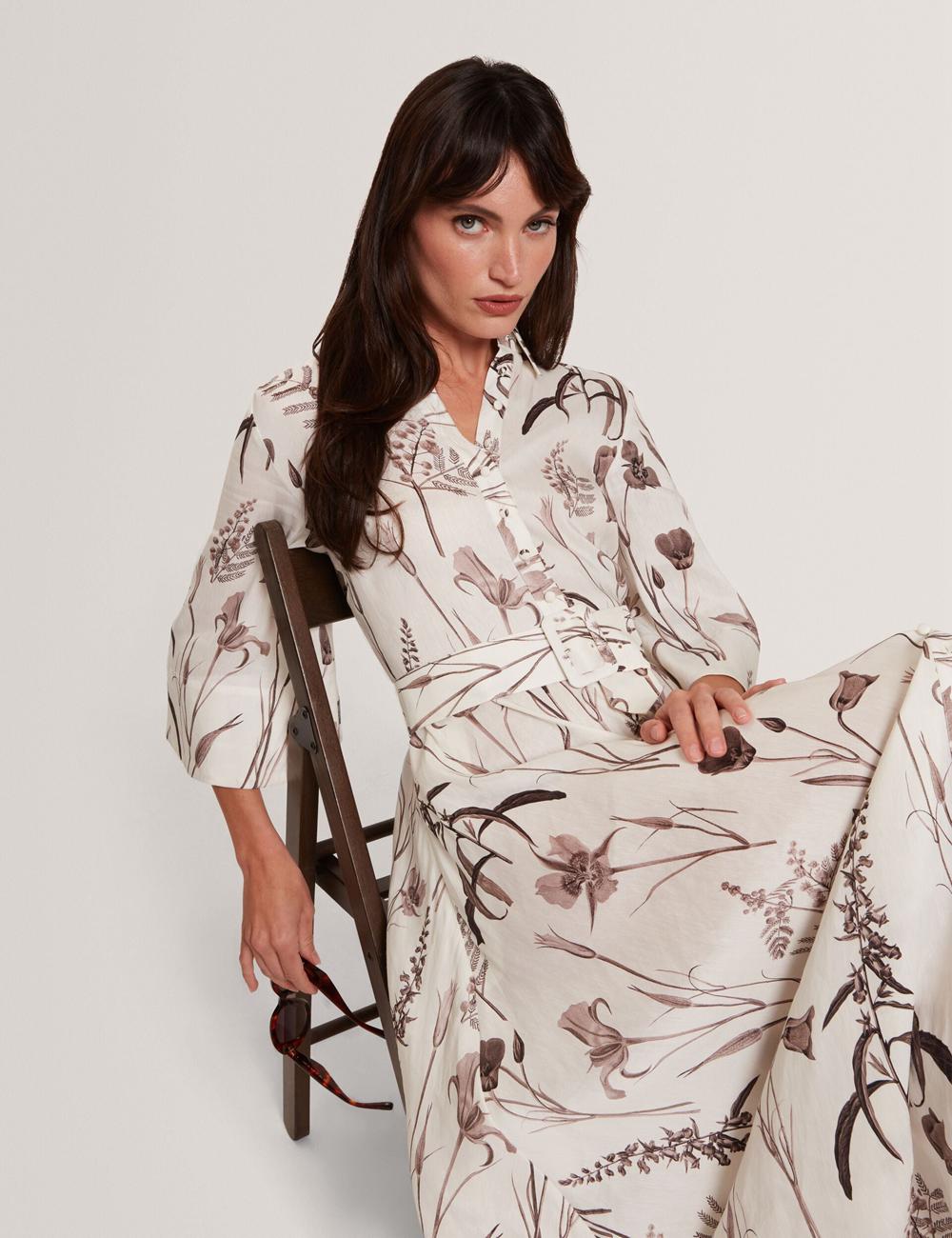 Ted Baker LUWISA - Floral Linen Silk Belted Midi Shirt Midi-jurk Dames Ivory | LNGE-25396