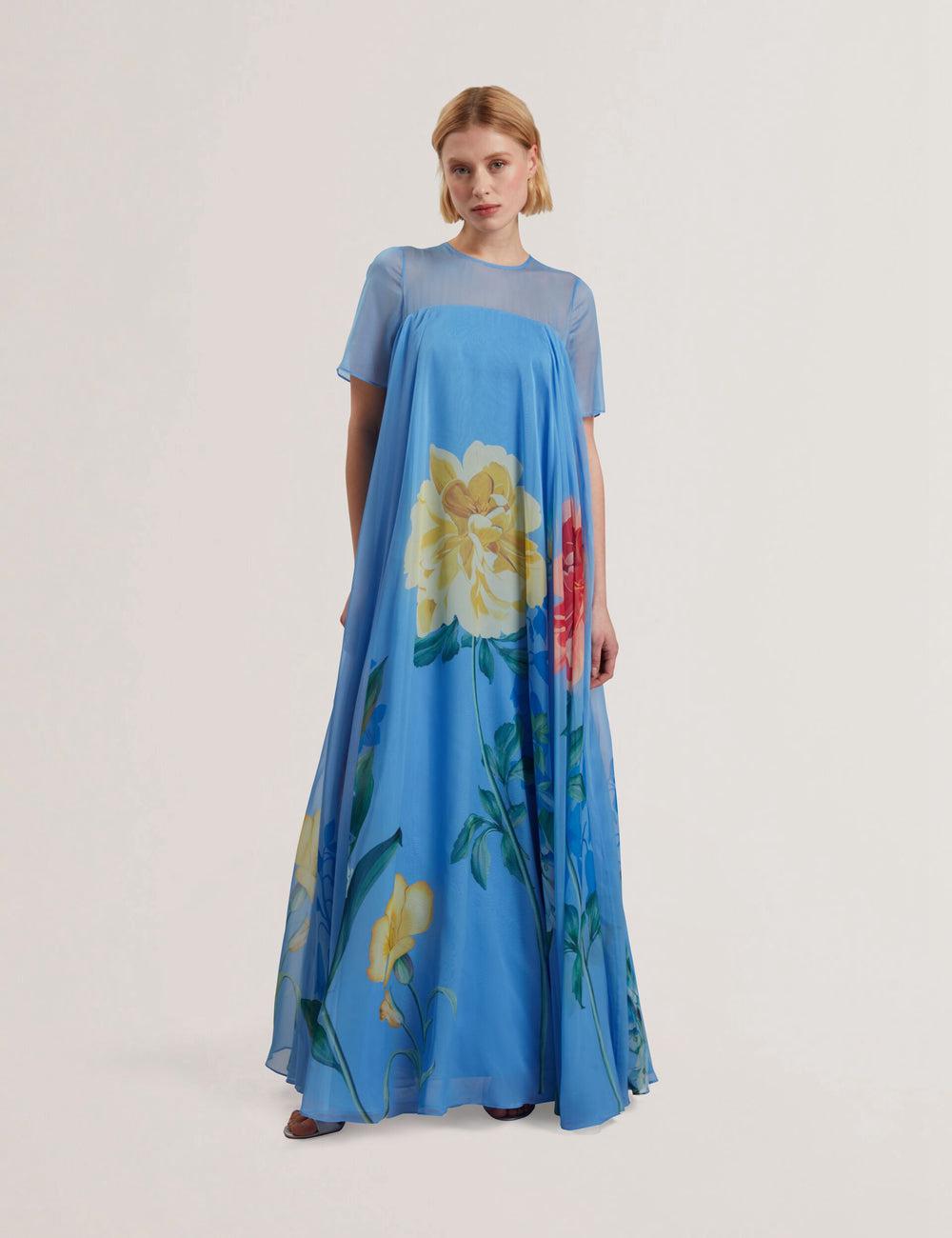 Ted Baker MALRIE - Sheer Neck Floral Trapeze Maxi Jurk Dames Blauw | IHDT-71950