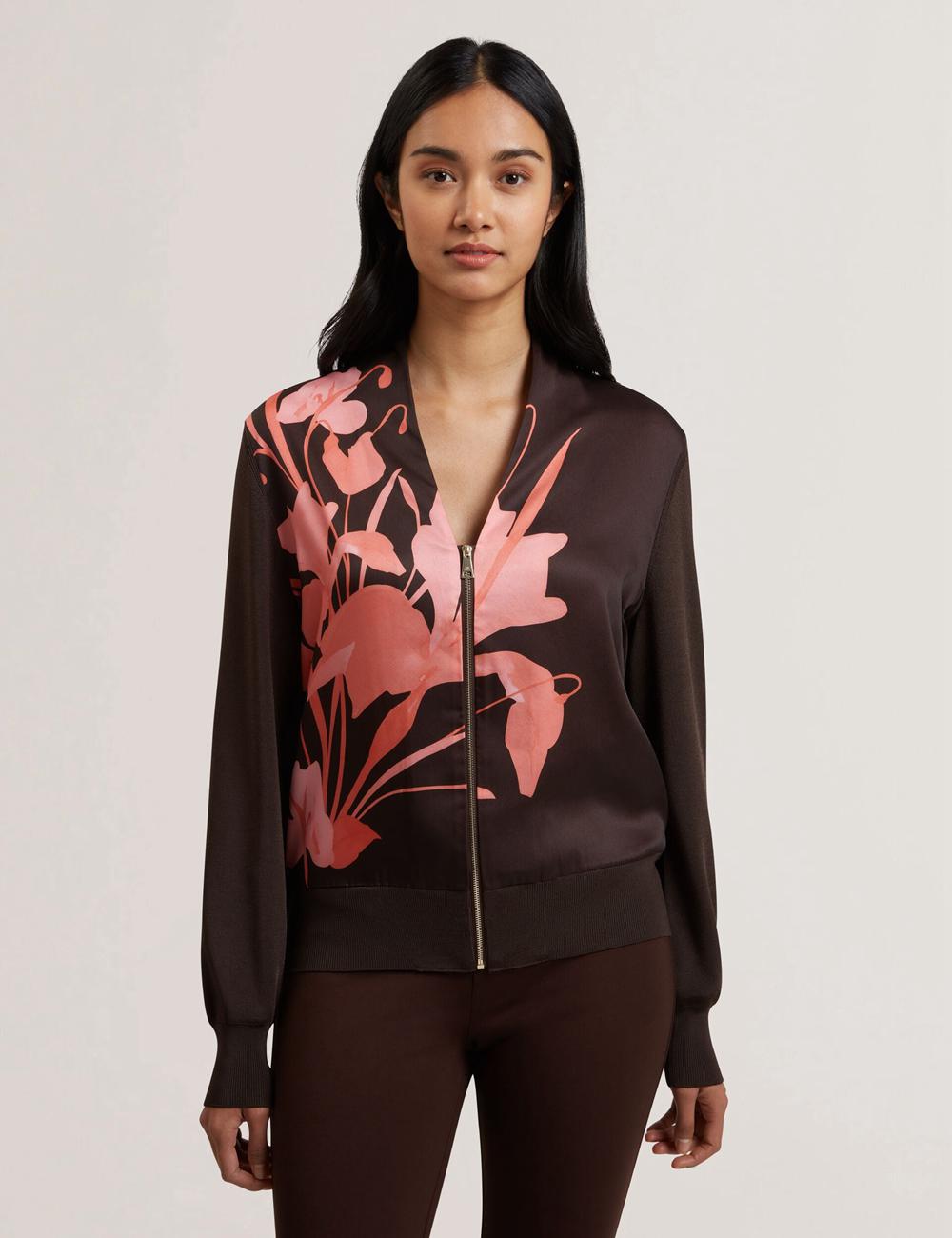 Ted Baker MATIINA - Printed Front Zip-Up Bomber Cardigan Dames Bruin | BAZH-15083