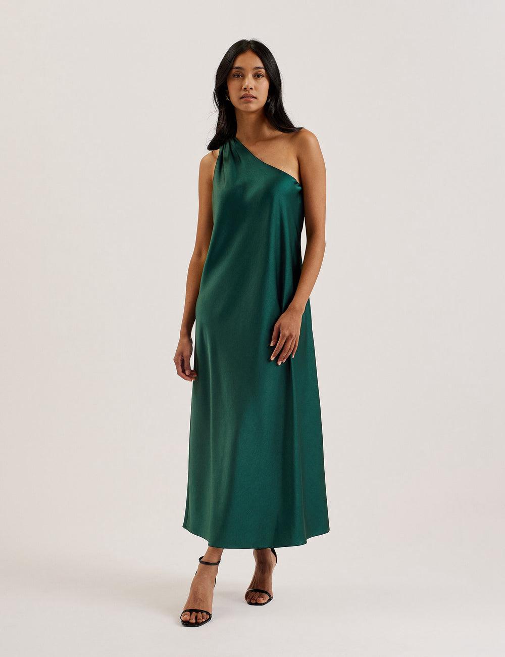 Ted Baker MELGAR - Satin One Shoulder Midi-jurk Dames Groen | XBNM-15086