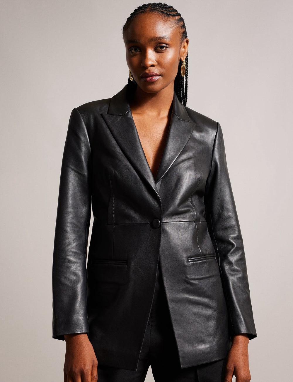 Ted Baker MELLIIE - Longline Single Breasted Leather Blazer Dames Zwart | IVEZ-98052