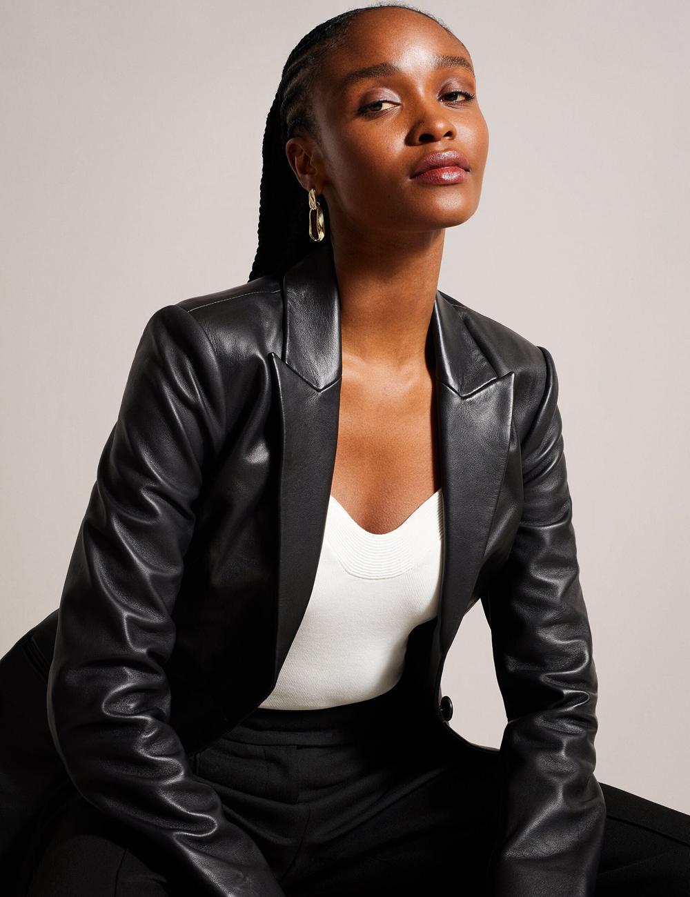 Ted Baker MELLIIE - Longline Single Breasted Leather Blazer Dames Zwart | IVEZ-98052