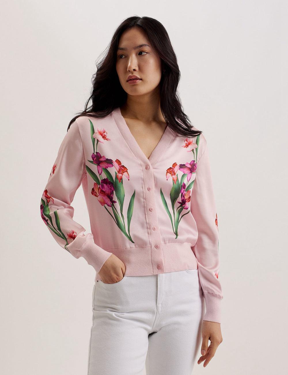Ted Baker MERALLL - Floral Woven Front V-Neck Cardigan Dames Roze | XYSD-51096