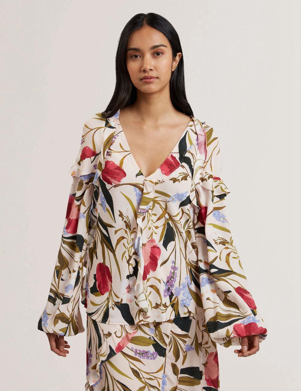Ted Baker MINASA - Floral Print Frill Trim Long Sleeve Blouse Dames Roze | USED-47063