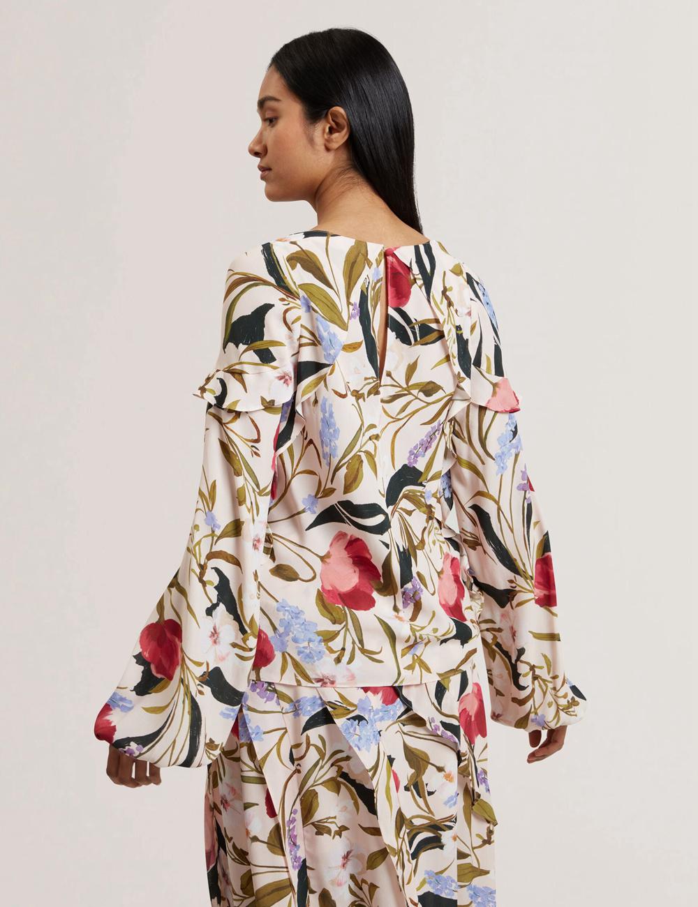 Ted Baker MINASA - Floral Print Frill Trim Long Sleeve Blouse Dames Roze | USED-47063