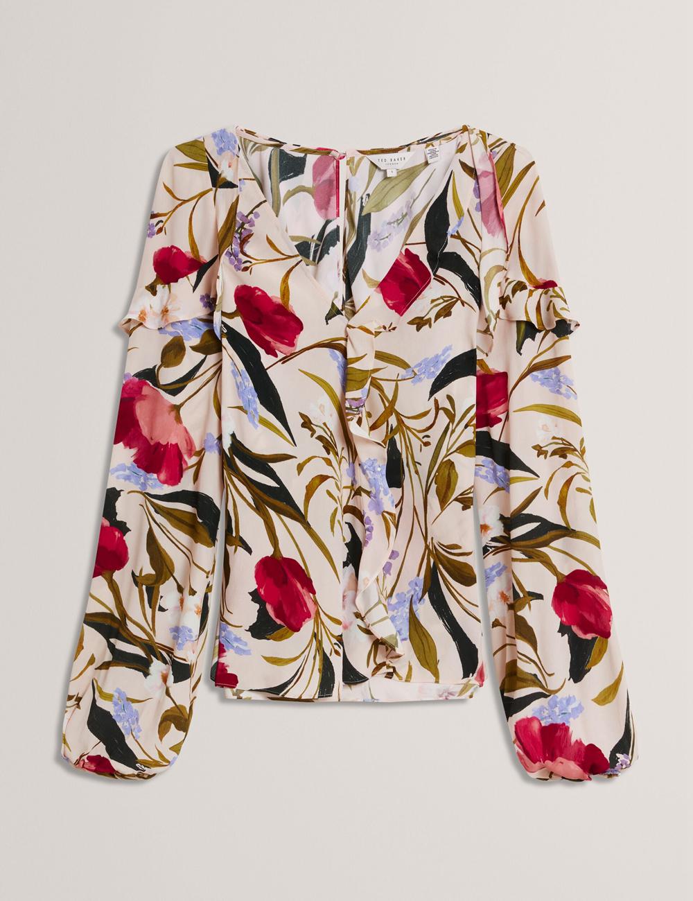 Ted Baker MINASA - Floral Print Frill Trim Long Sleeve Blouse Dames Roze | USED-47063