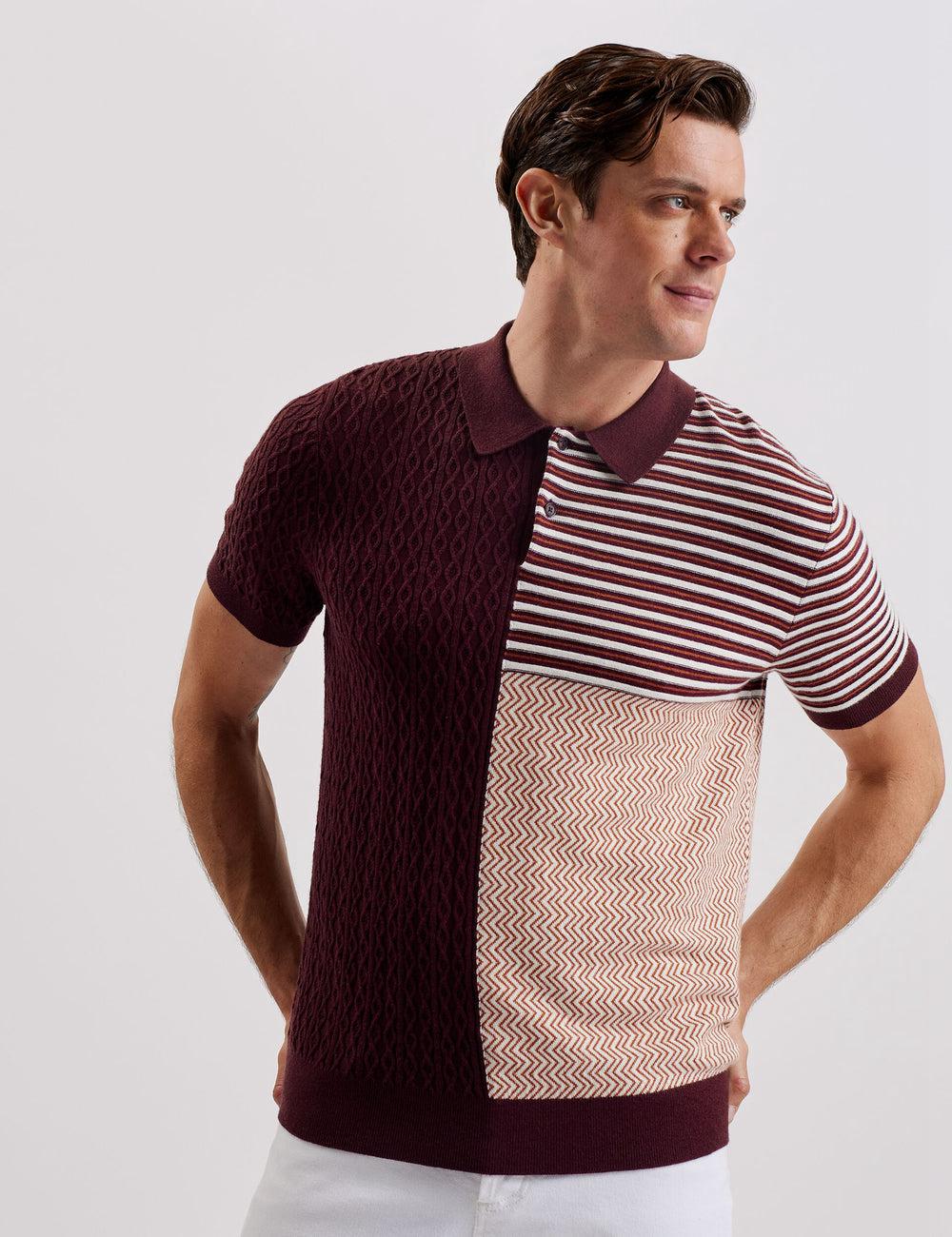Ted Baker MINSTA - Textured Patchwork Knit Poloshirt Heren Bordeaux | EWIH-37156
