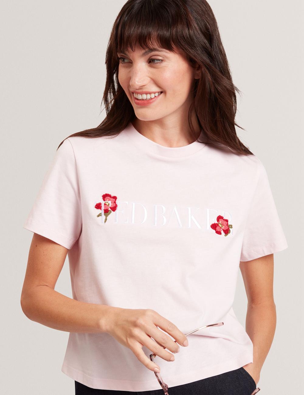 Ted Baker MOLII - Embroidered Logo Cropped Cotton T-shirts Dames Roze | UGTR-27519
