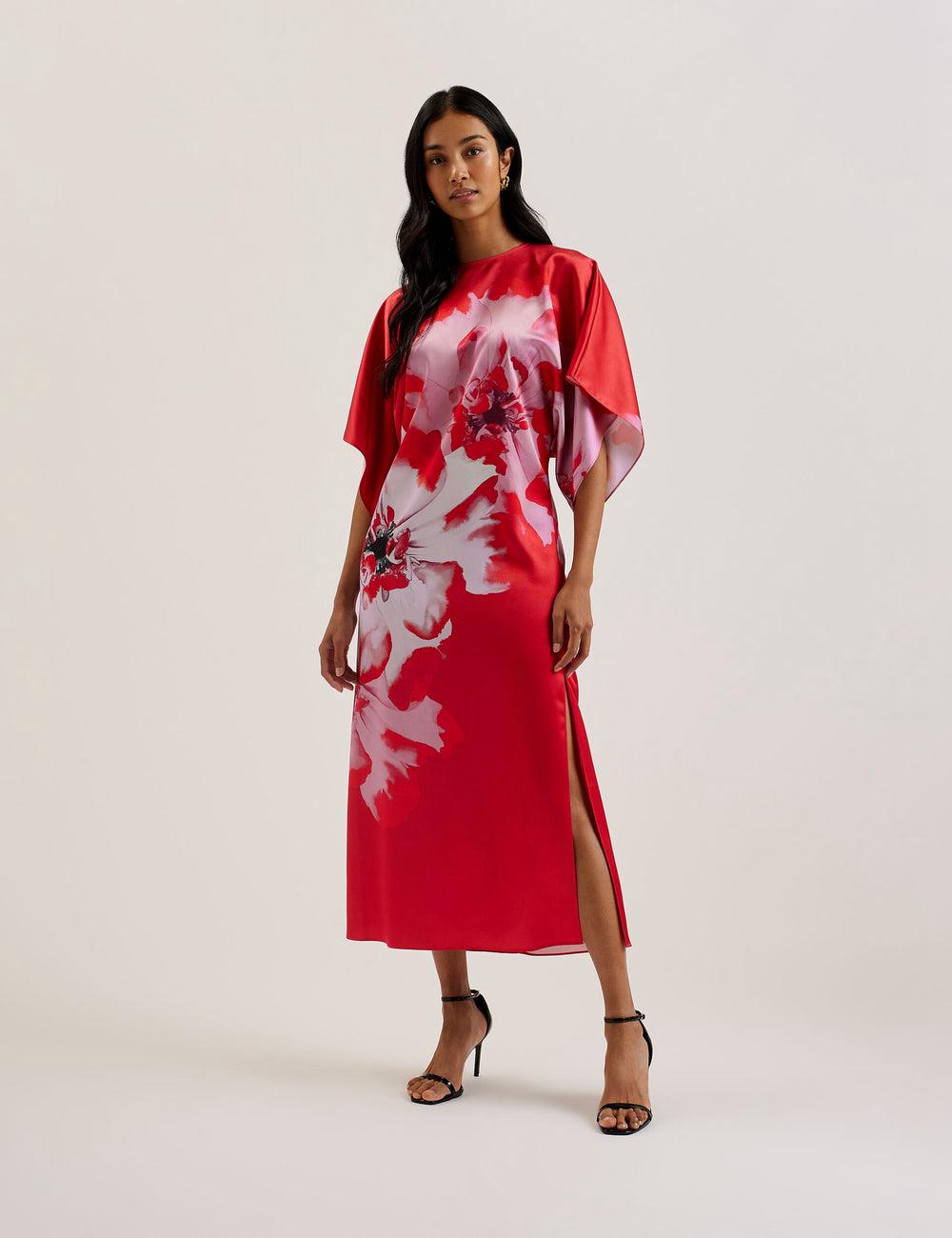 Ted Baker NASINU - Printed Satin Batwing Sleeve Midi-jurk Dames Rood | NRQF-61843