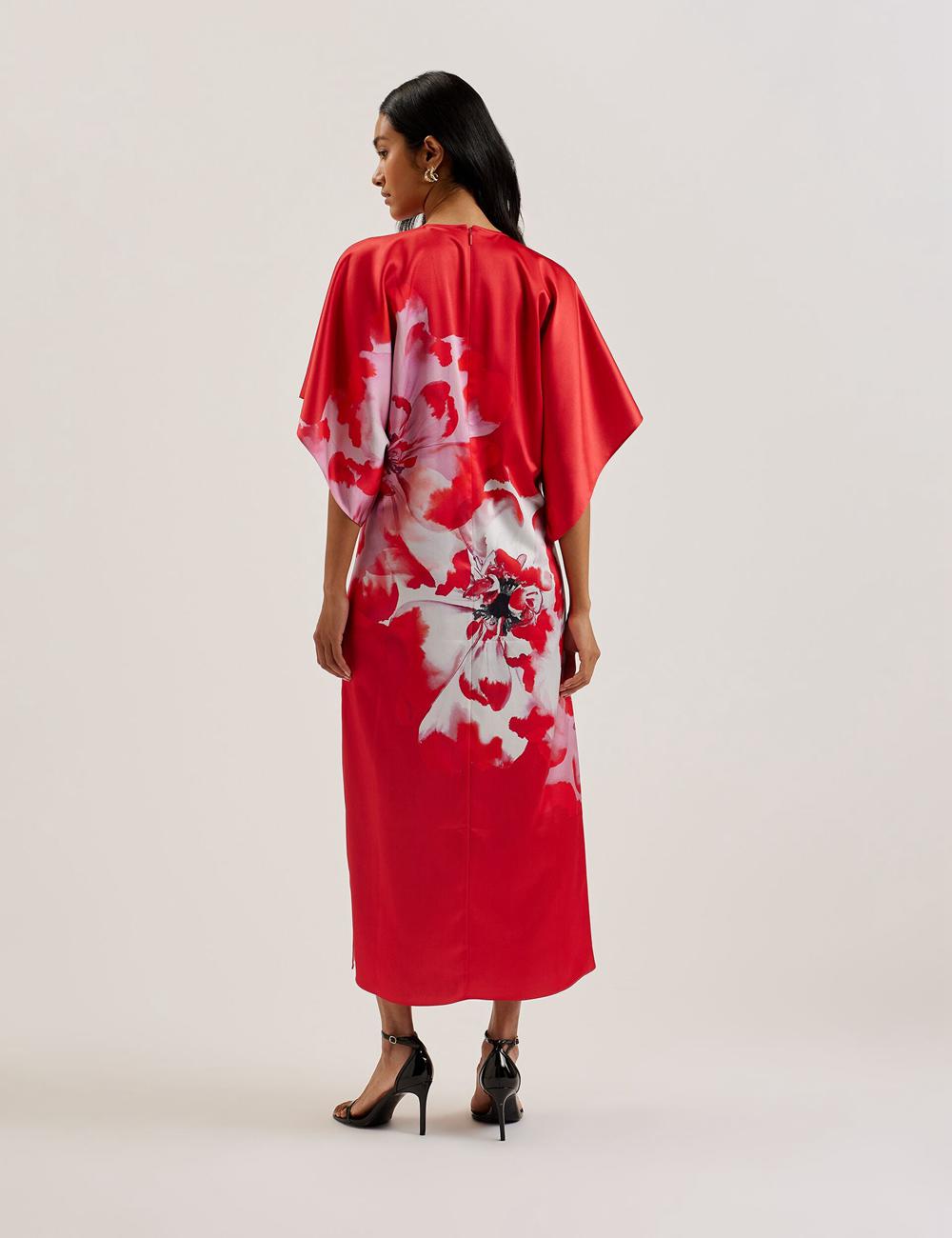 Ted Baker NASINU - Printed Satin Batwing Sleeve Midi-jurk Dames Rood | NRQF-61843