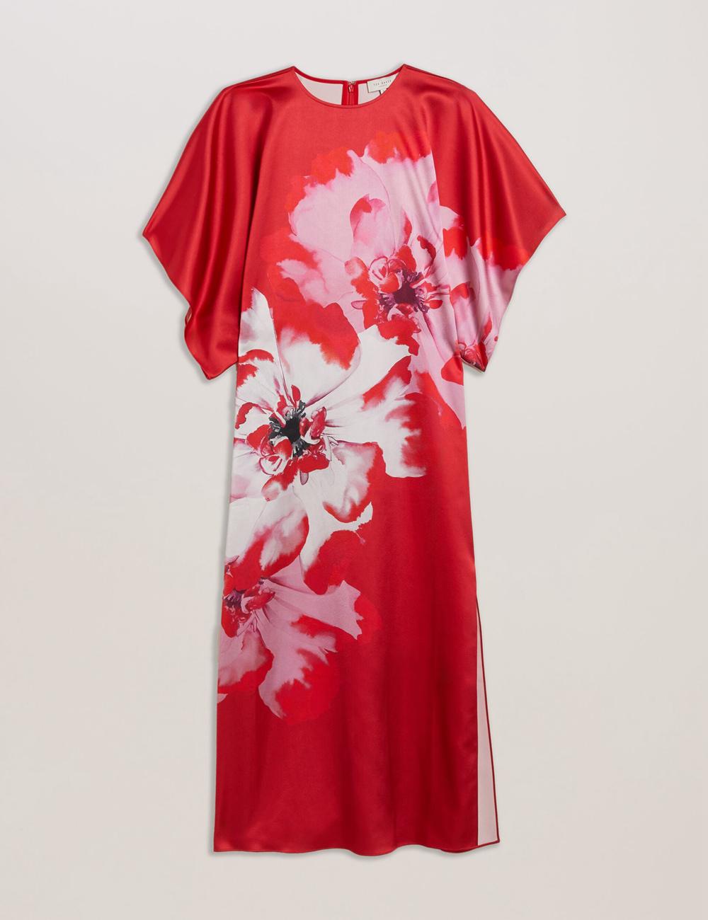 Ted Baker NASINU - Printed Satin Batwing Sleeve Midi-jurk Dames Rood | NRQF-61843