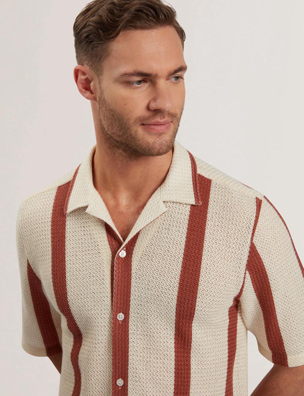 Ted Baker NIKS - Short Sleeve Stripe Crochet Oversized Overhemd Heren Taupe | JUWN-97365